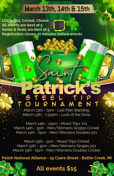 Event Flyer Thumbnail for Saint Patrick's day steel tip tournament